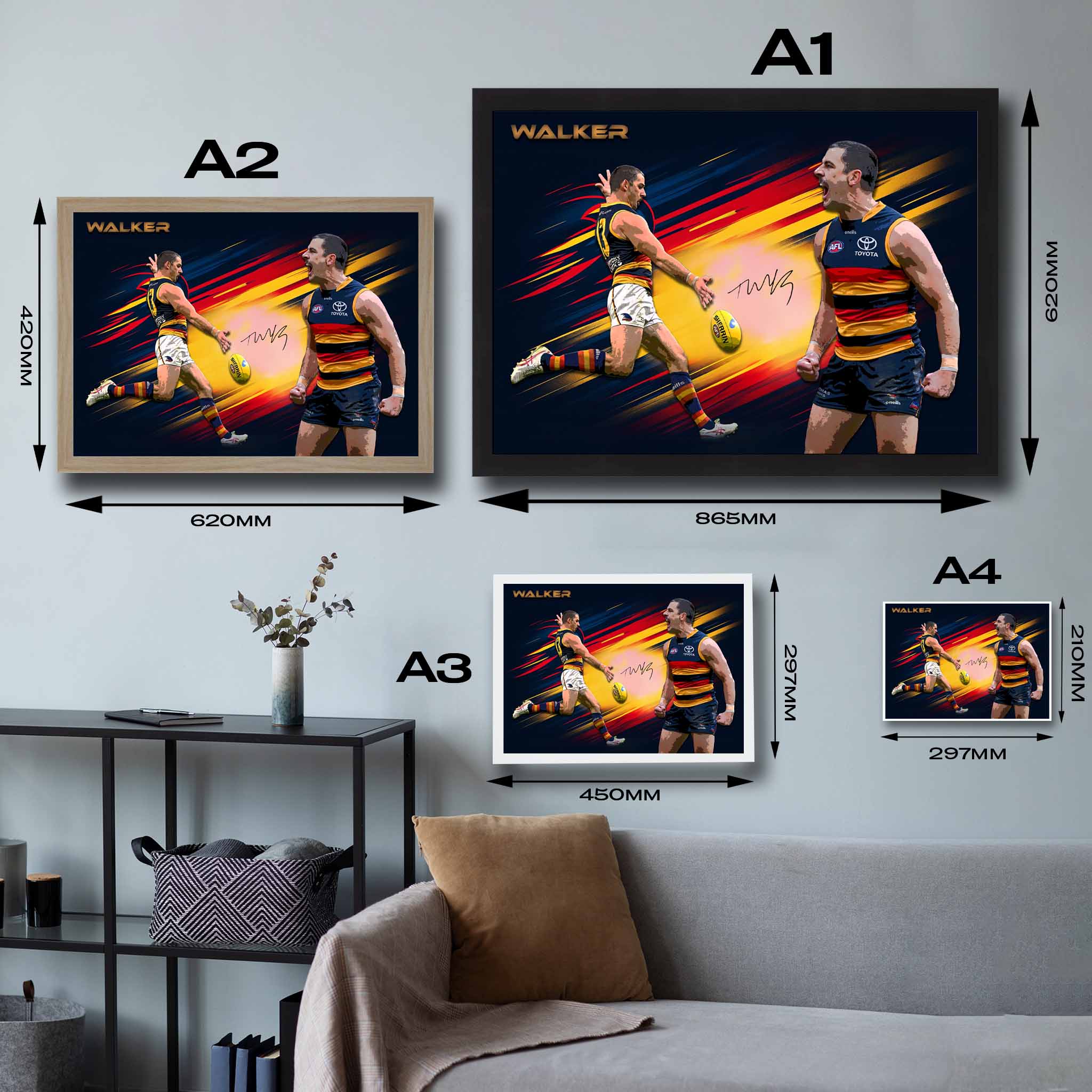 Visual representation of Taylor Walker framed art size options, ranging from A4 to A2, for selecting the right size for your space.
