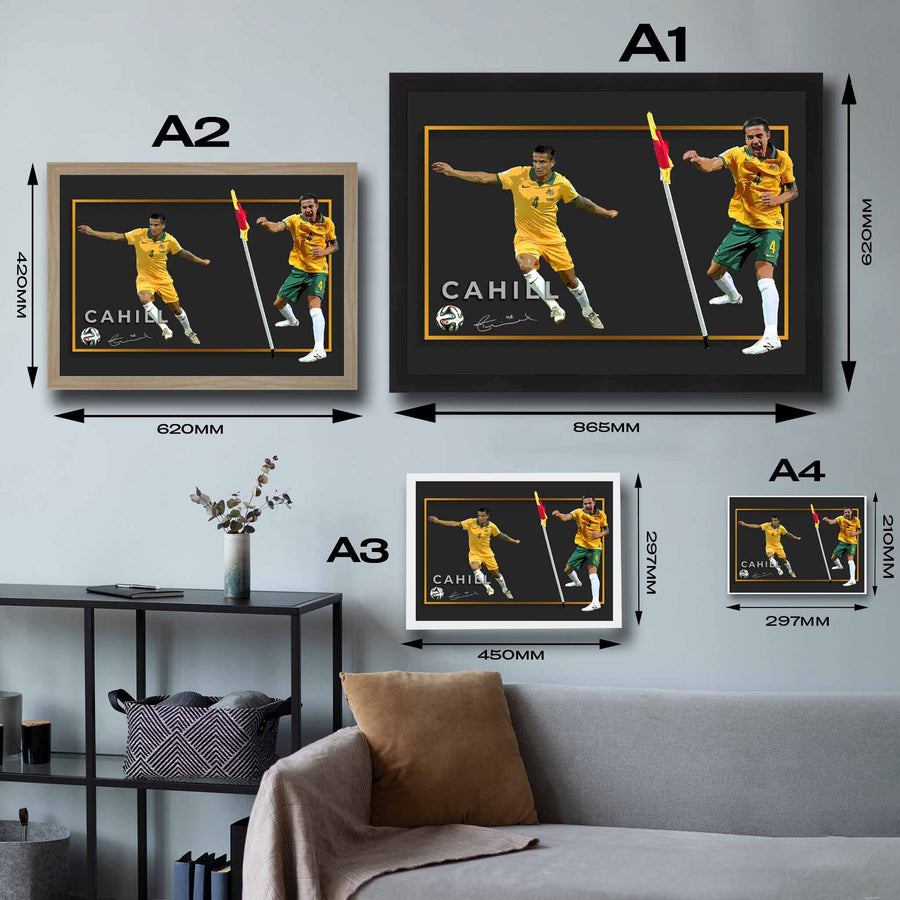 Visual representation of Tim Cahill framed art size options, ranging from S - 21 × 30 cm (8.3 × 11.8 in) to L - 45 × 62 cm (17.7 × 24.4 in), for selecting the right size for your space.