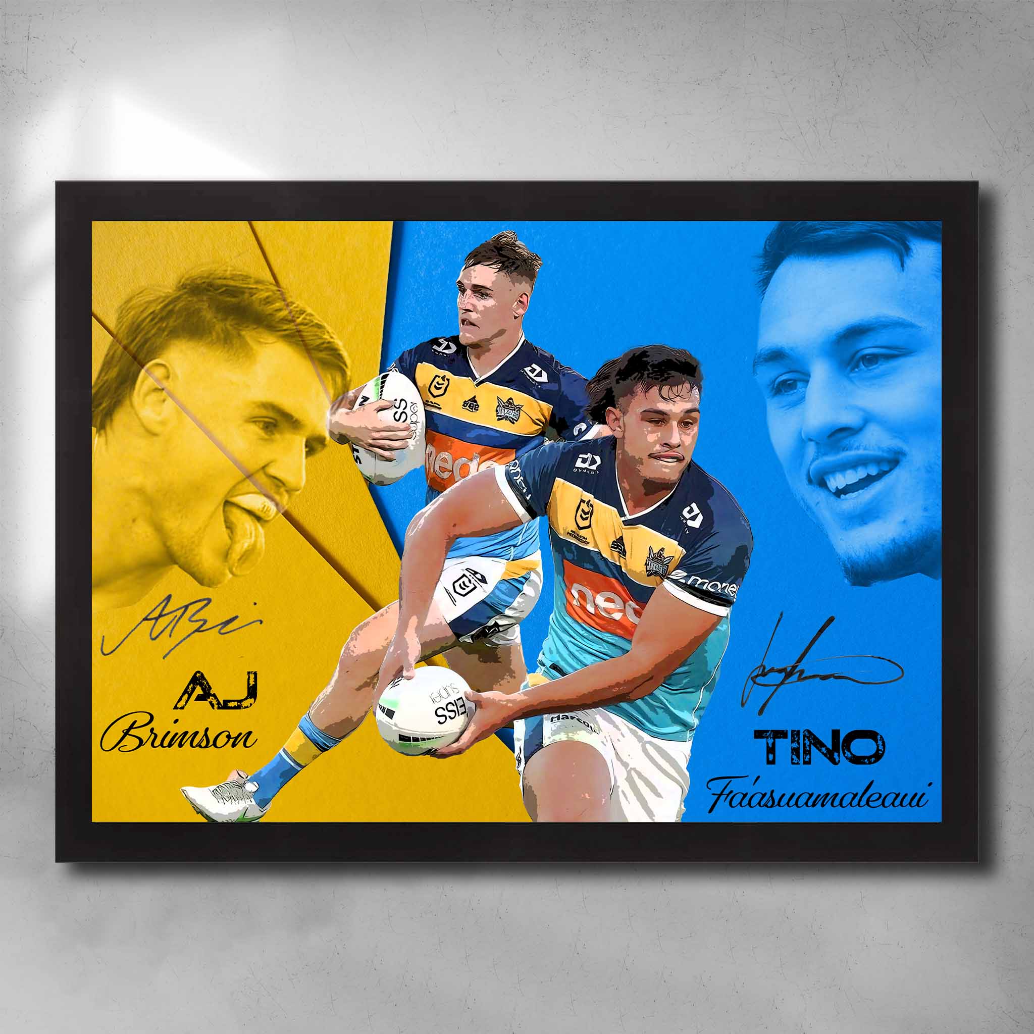 Black framed NRL art featuring AJ Brimson and Tino Faasuamaleauli from the Gold Coast Tians - Artwork by Sports Cave.