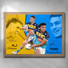Oak framed NRL art featuring AJ Brimson and Tino Faasuamaleauli from the Gold Coast Tians - Artwork by Sports Cave.