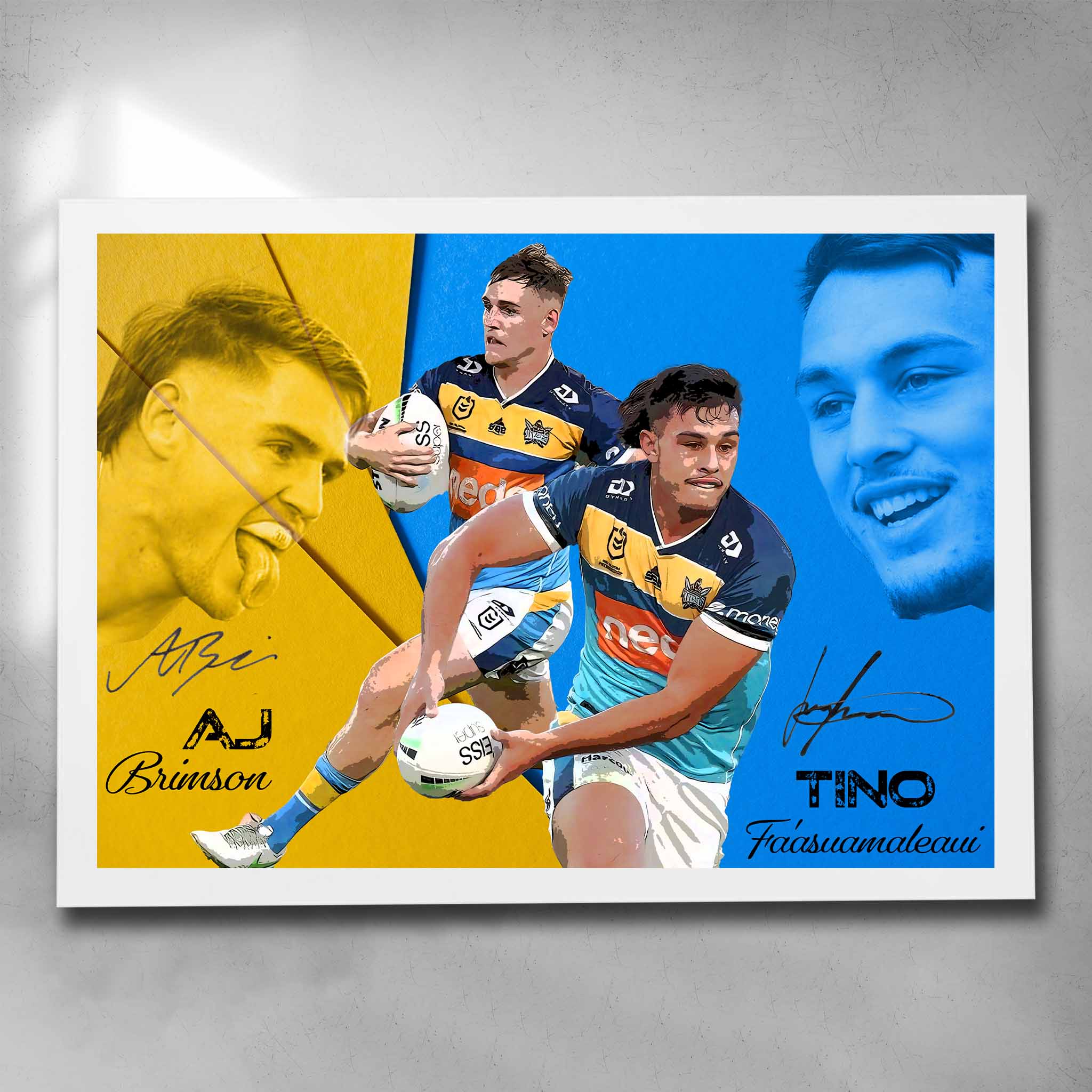 White framed NRL art featuring AJ Brimson and Tino Faasuamaleauli from the Gold Coast Tians - Artwork by Sports Cave.