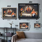 Visual representation of Toby Greene framed art size options, ranging from A4 to A2, for selecting the right size for your space.