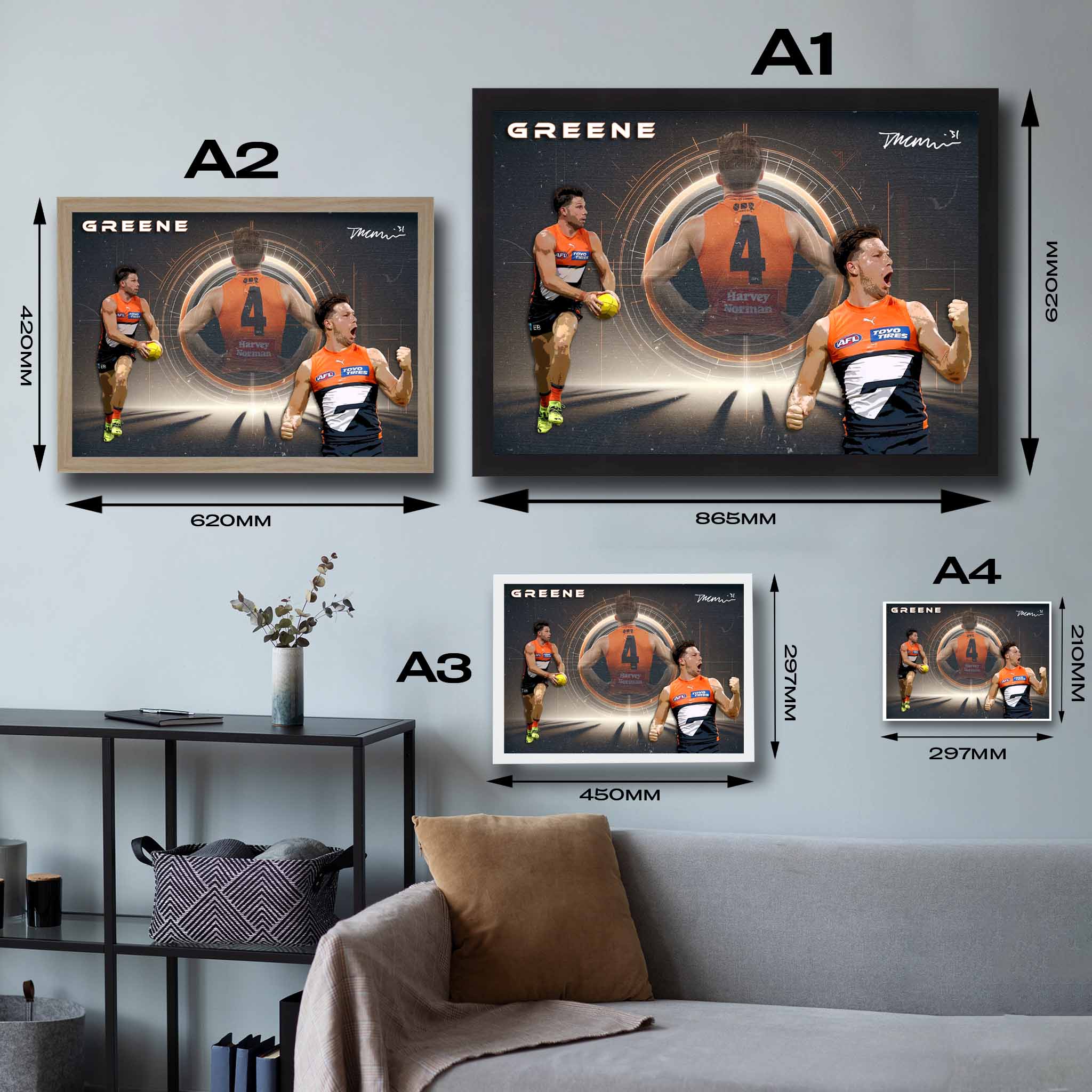 Visual representation of Toby Greene framed art size options, ranging from A4 to A2, for selecting the right size for your space.