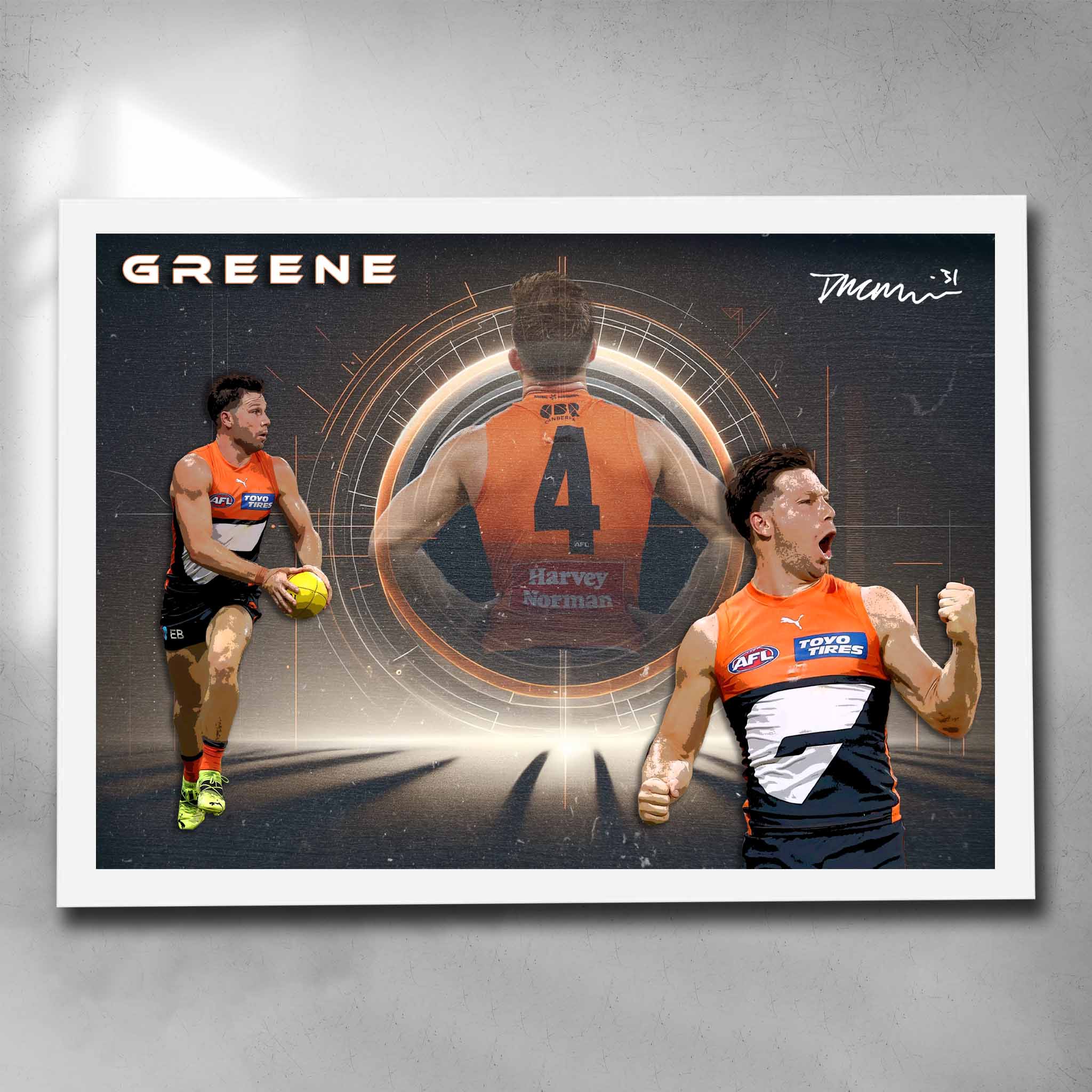 White framed AFL art by Sports Cave, featuring Toby Greene from the GWS Giants.