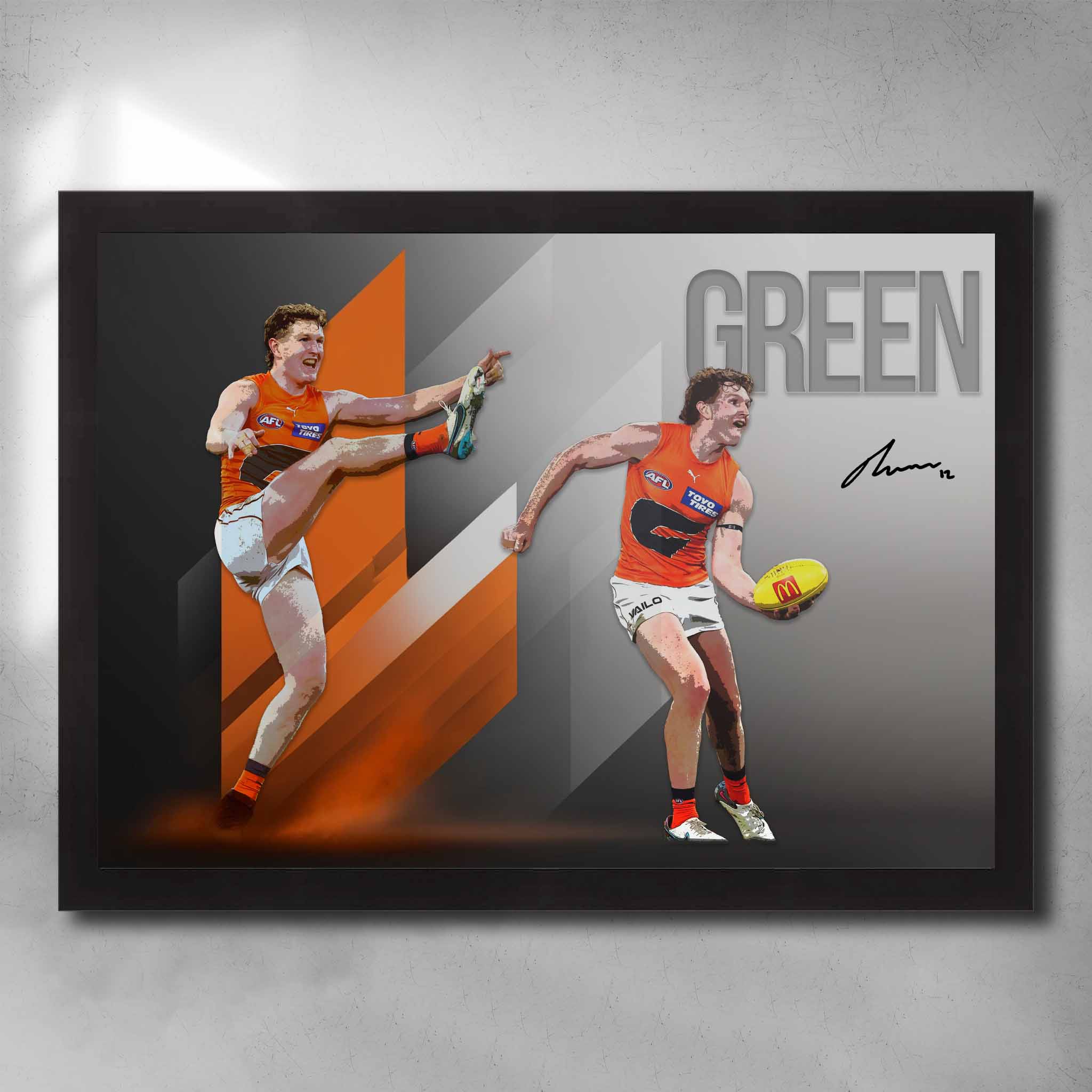Black framed AFL art by Sports Cave, featuring Tom Green from the GWS Giants.