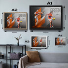 Visual representation of Tom Green framed art size options, ranging from A4 to A2, for selecting the right size for your space.