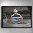 Black framed AFL art by Sports Cave, featuring Tom Hawkins from the Geelong Cats.