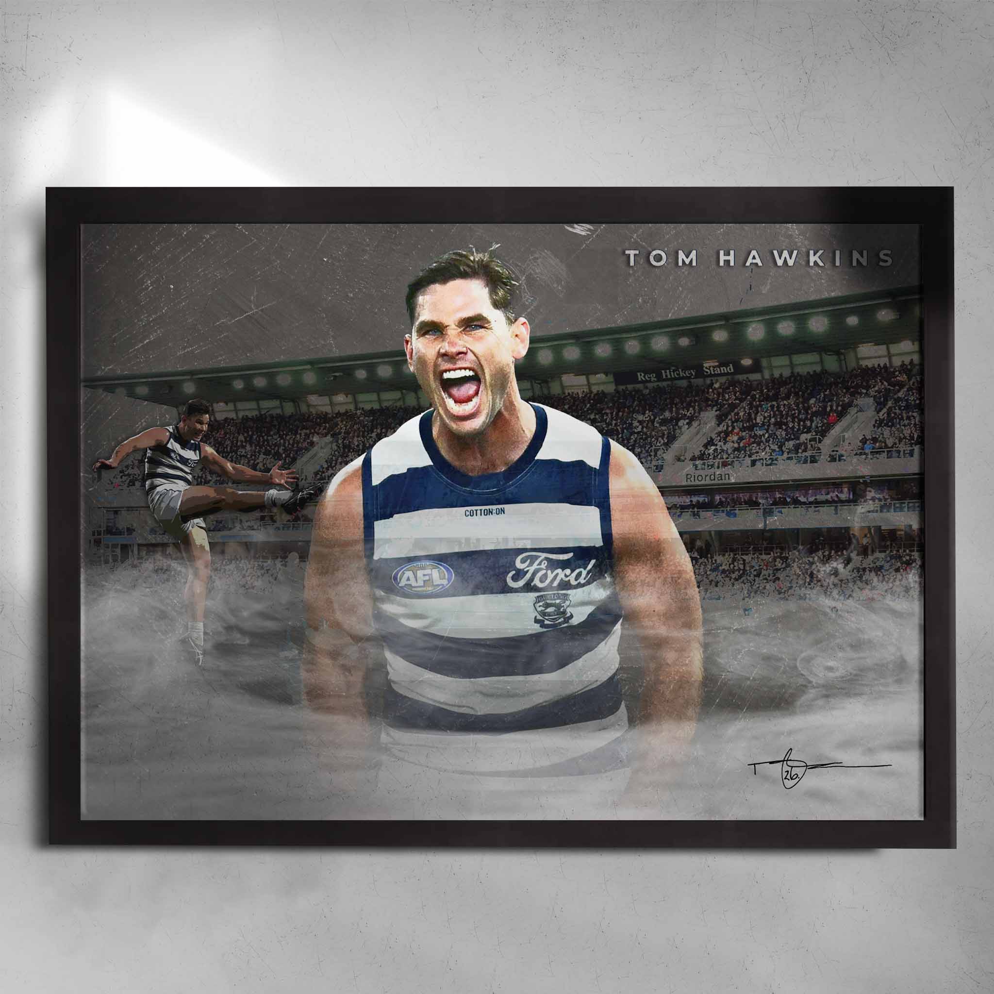 Black framed AFL art by Sports Cave, featuring Tom Hawkins from the Geelong Cats.