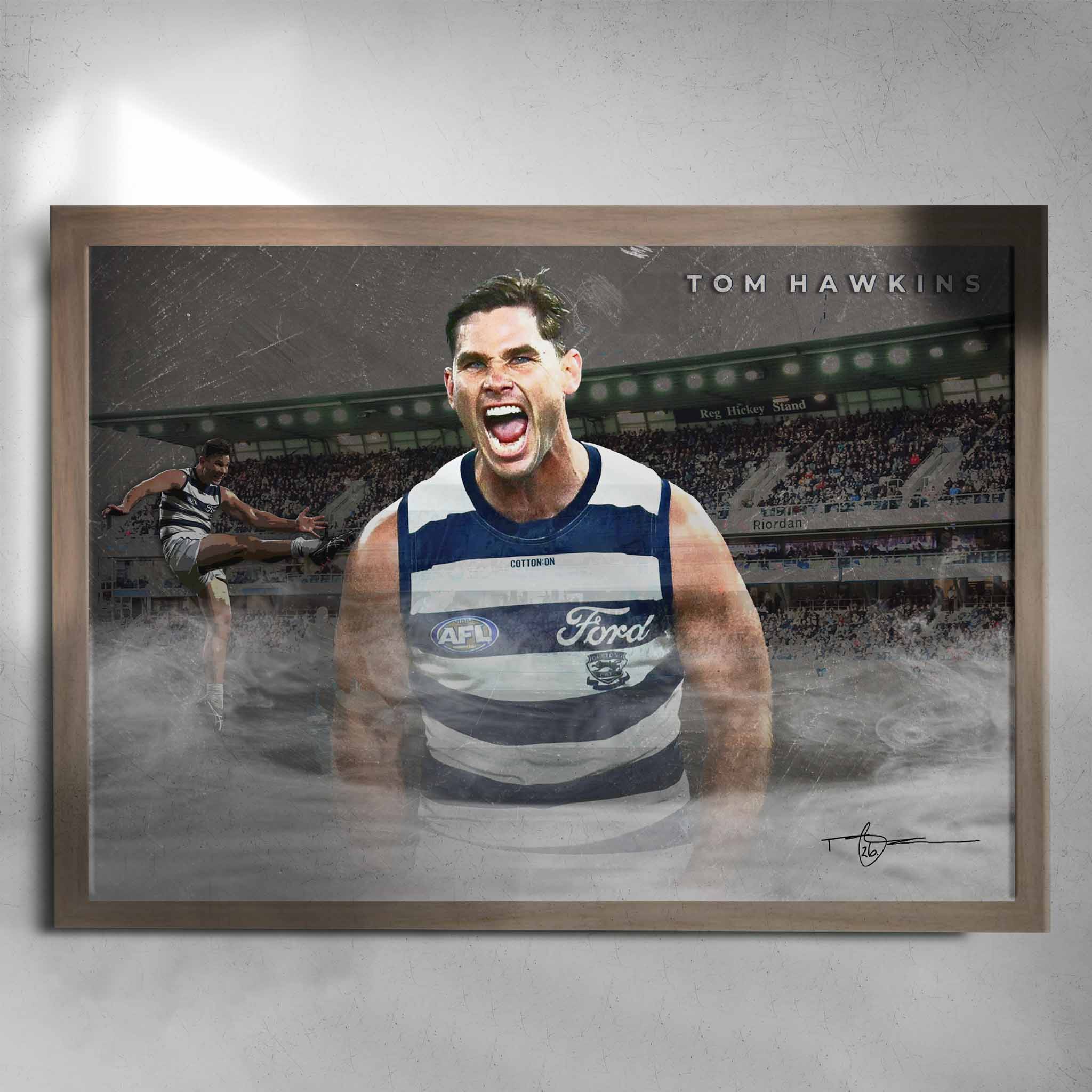 Oak framed AFL art by Sports Cave, featuring Tom Hawkins from the Geelong Cats.