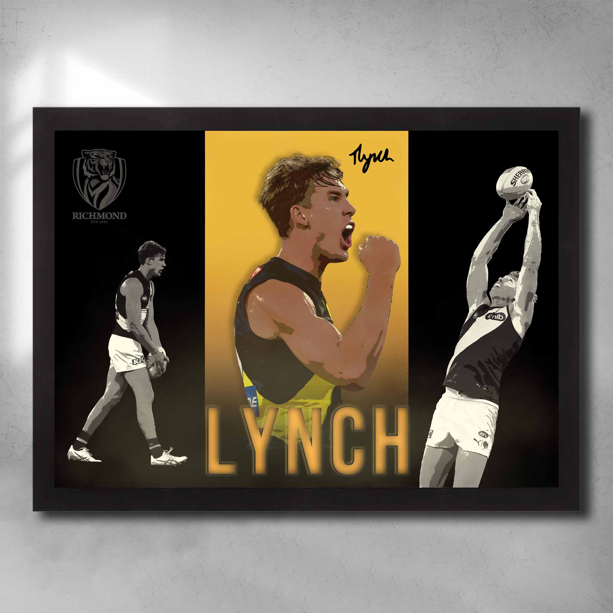 Black framed AFL art by Sports Cave featuring Tom Lynch from the Richmond Tigers.