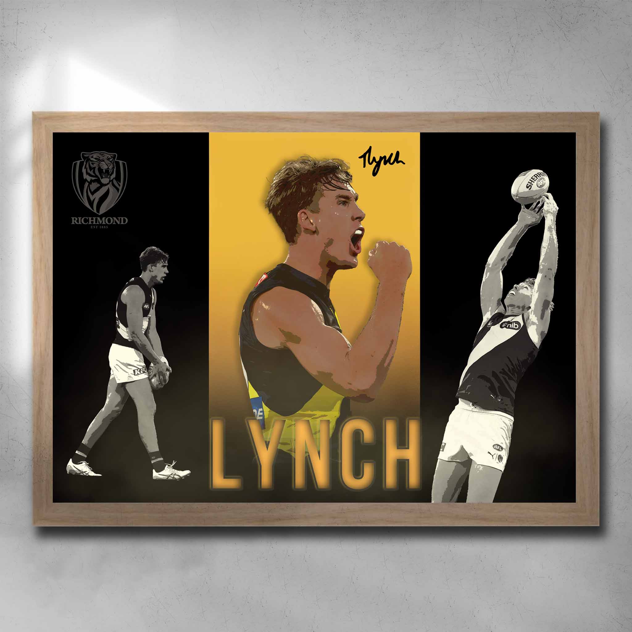 Oak framed AFL art by Sports Cave featuring Tom Lynch from the Richmond Tigers.