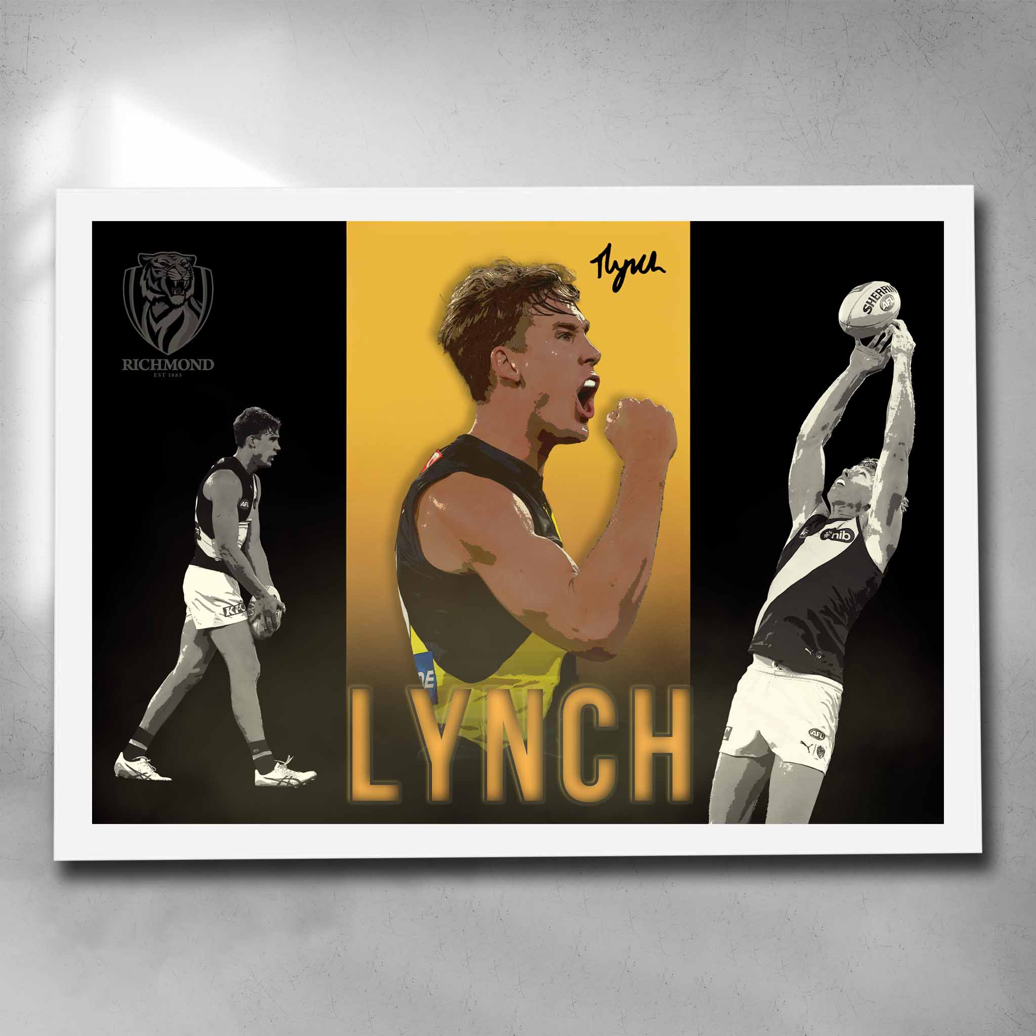 White framed AFL art by Sports Cave featuring Tom Lynch from the Richmond Tigers.