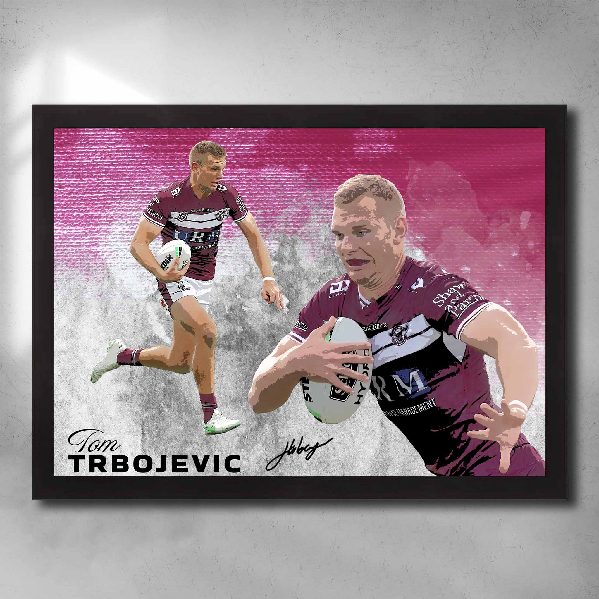 Black framed NRL art by Sports Cave, featuring Tom Trbojevic from the Manly Sea Eagles. 