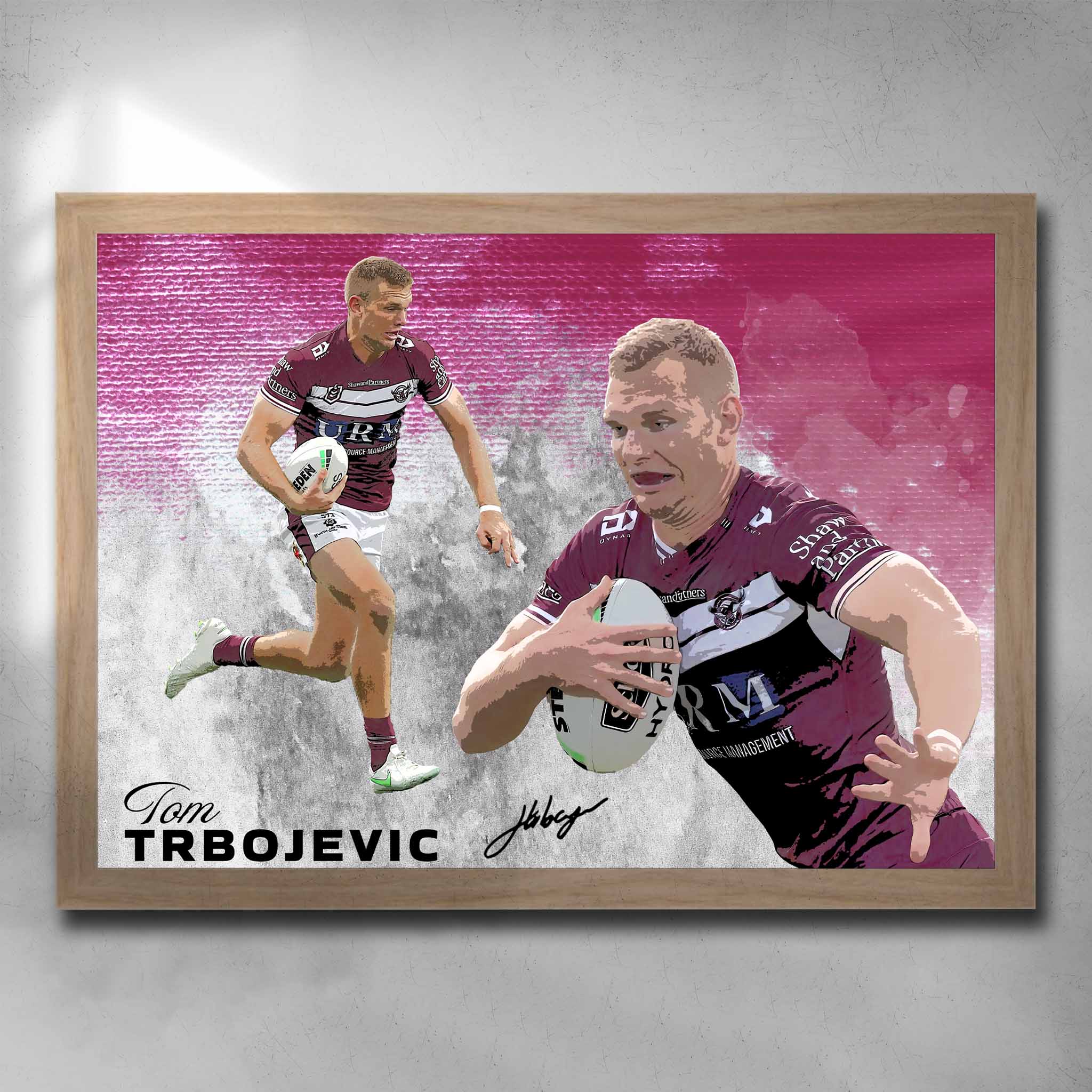 Oak framed NRL art by Sports Cave, featuring Tom Trbojevic from the Manly Sea Eagles. 