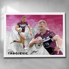 White framed NRL art by Sports Cave, featuring Tom Trbojevic from the Manly Sea Eagles. 