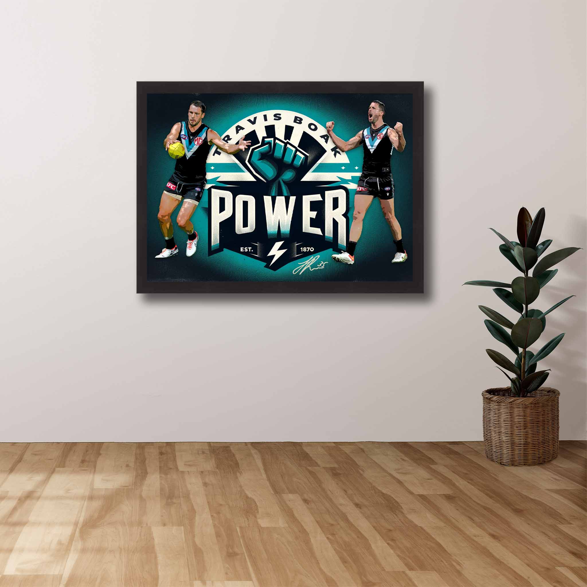 AFL Die-hard Supporters House, featuring a framed print of Travis Boak showcased on the wall.