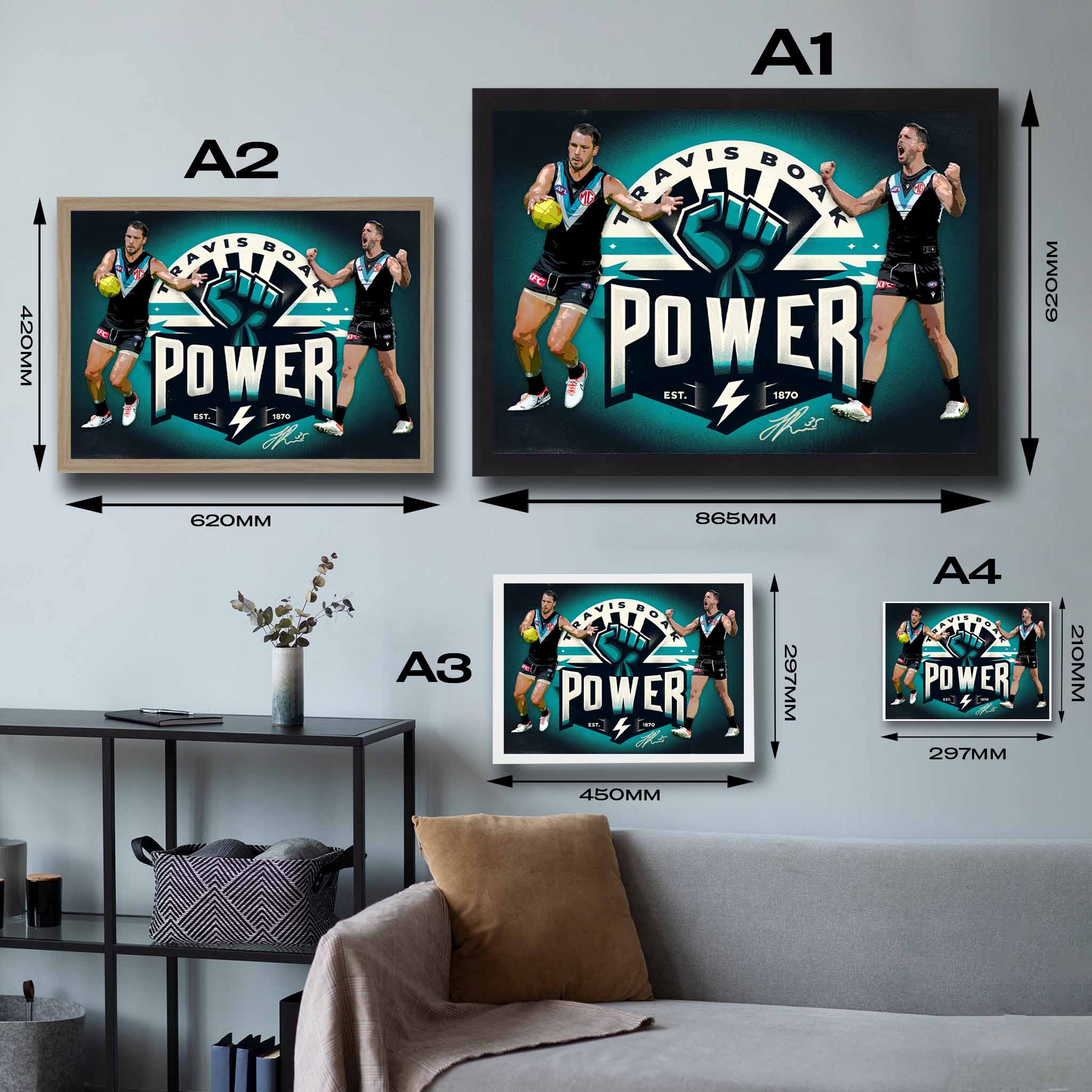 Visual representation of Travis Boak framed art size options, ranging from A4 to A2, for selecting the right size for your space.