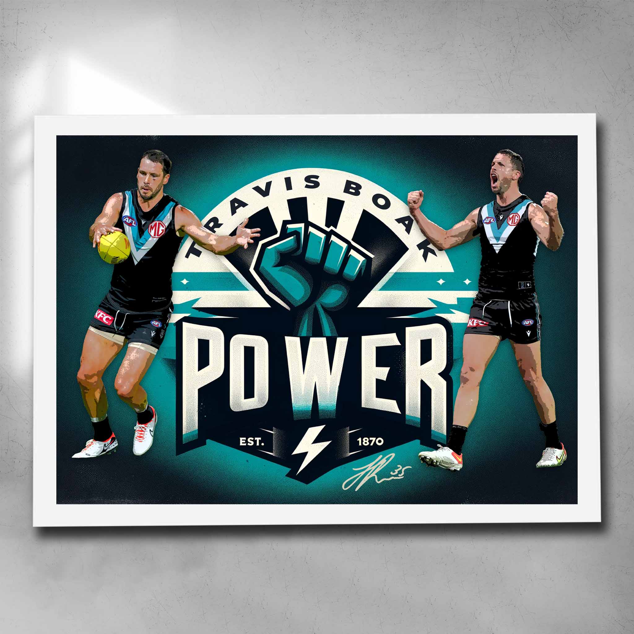 White framed AFL art by Sports Cave, featuring Travis Boak from the Port Adelade Power.
