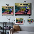 Visual representation of Valentino Rossi framed art size options, ranging from S - 21 × 30 cm (8.3 × 11.8 in) to L - 45 × 62 cm (17.7 × 24.4 in), for selecting the right size for your space.