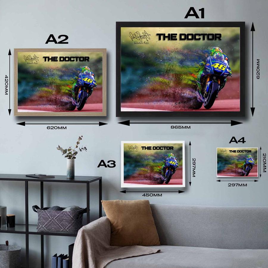 Visual representation of Valentino Rossi framed art size options, ranging from S - 21 × 30 cm (8.3 × 11.8 in) to L - 45 × 62 cm (17.7 × 24.4 in), for selecting the right size for your space.