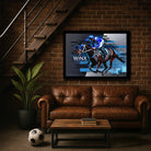 Winx horse racing memorabilia framed sports art displayed in a stylish man cave wall décor setup with leather sofa.