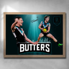 Oak framed AFL art by Sports Cave. featuring Zac Butters from the Port Adelaide Power.