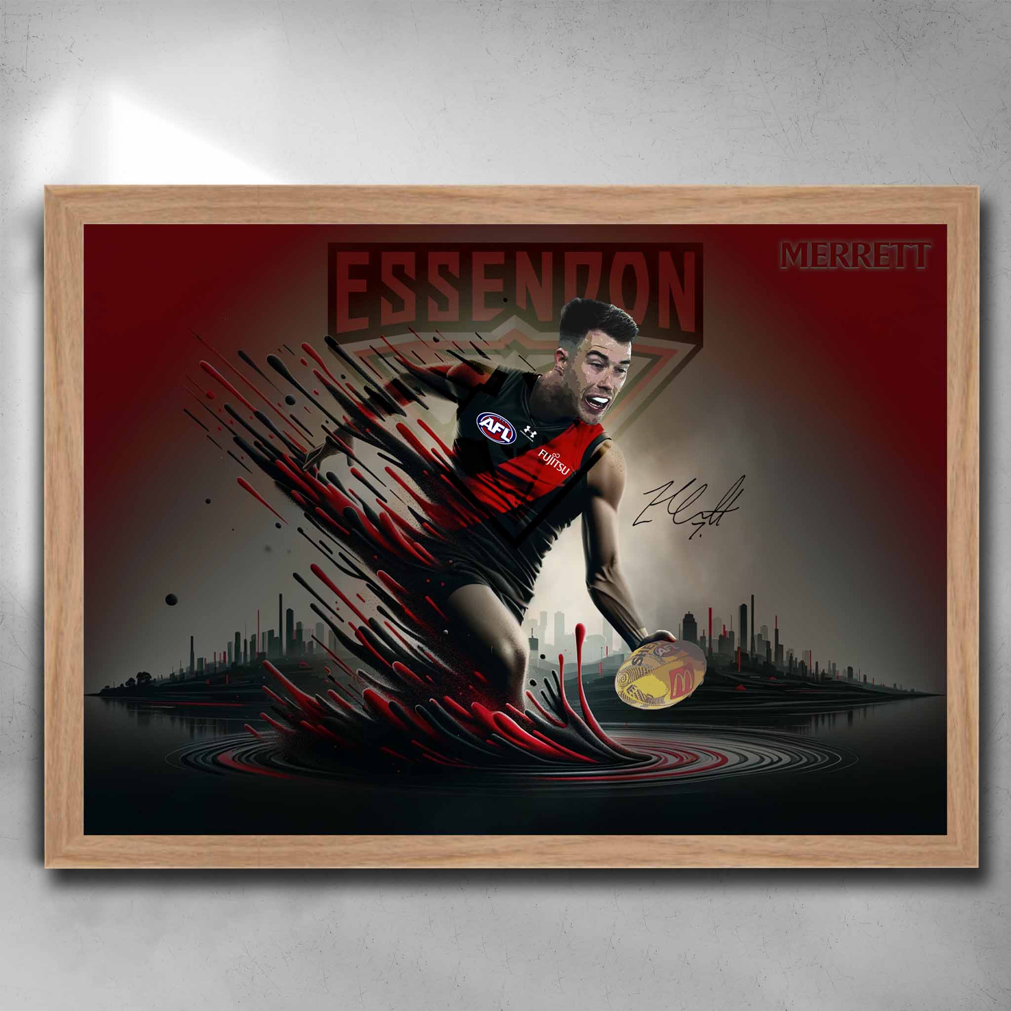 Essendon Bombers AFL Poster in a oak frame, featuring Zach Merret by Sports Cave.