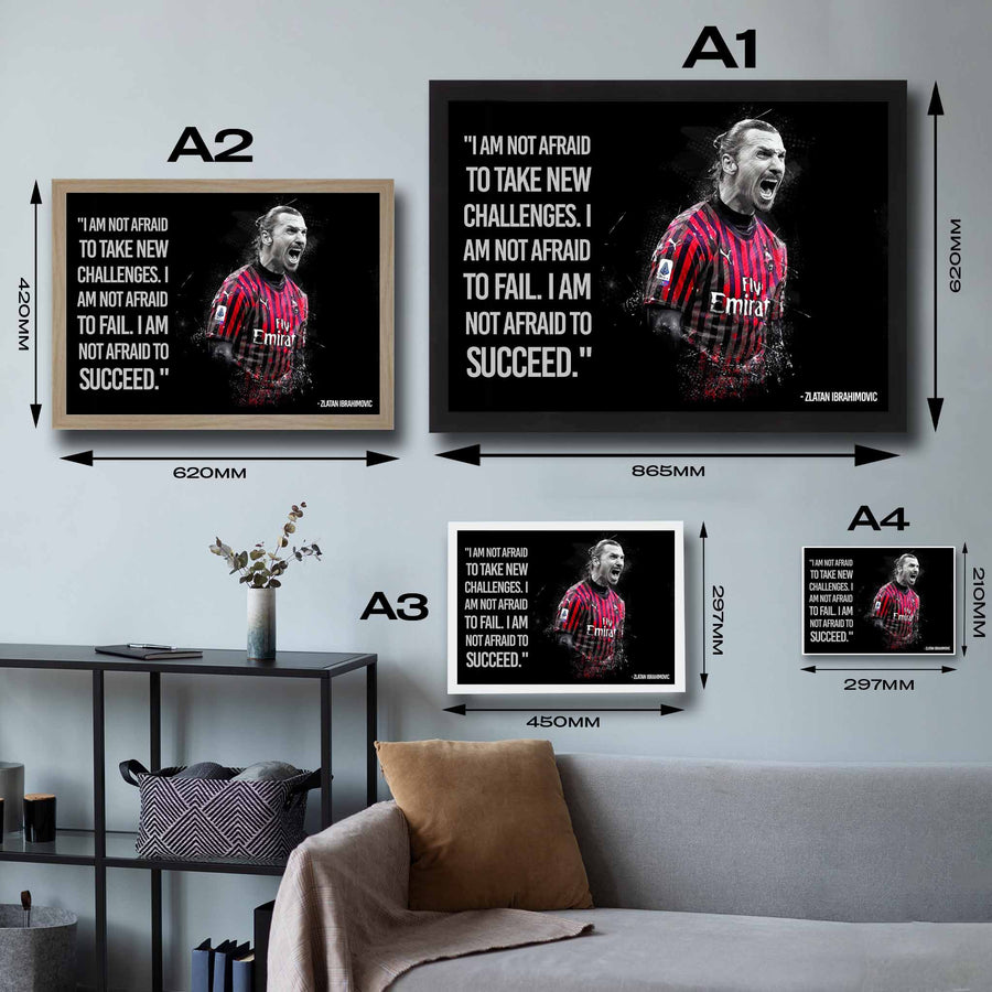 Visual representation of Zlatan Ibrahimovic motivational framed art size options, ranging from S - 21 × 30 cm (8.3 × 11.8 in) to L - 45 × 62 cm (17.7 × 24.4 in), for selecting the right size for your space.