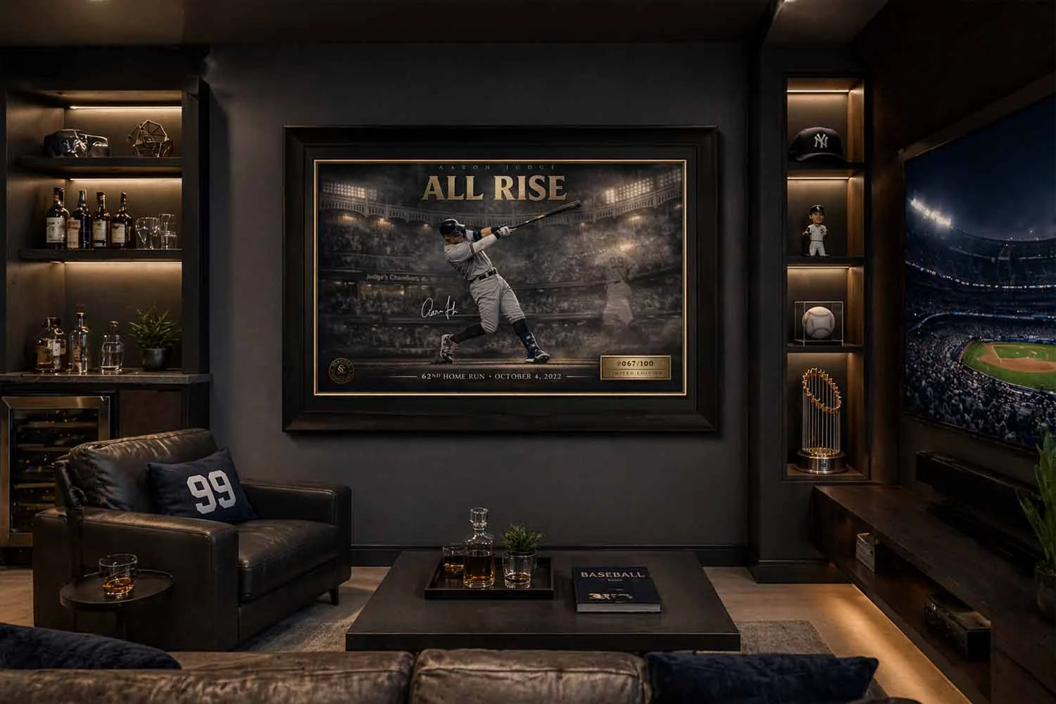 Aaron Judge “All Rise” framed artwork styled in modern baseball man cave with subtle decor, perfect man cave wall décor piece