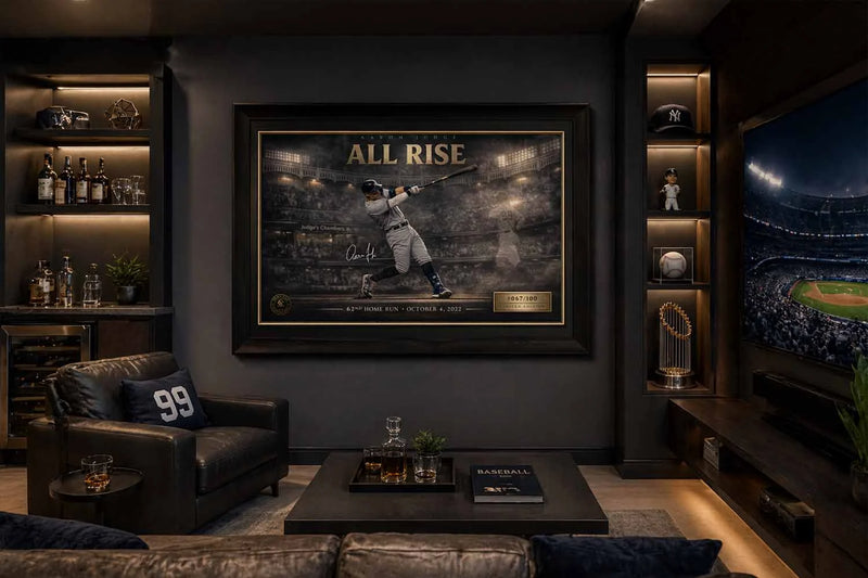 Aaron Judge “All Rise” framed artwork styled in modern baseball man cave with subtle decor, perfect man cave wall décor piece