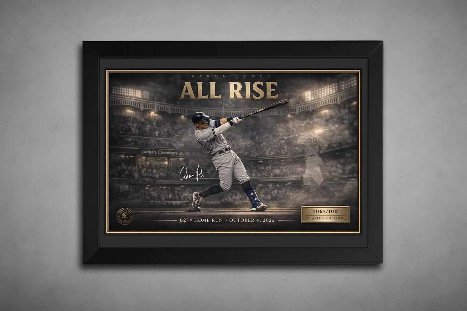 Aaron Judge “All Rise” print in sleek black frame highlighting his 62nd home run moment, premium framed sports art display