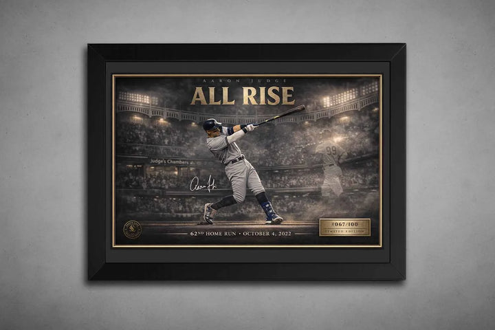 Aaron Judge “All Rise” print in sleek black frame highlighting his 62nd home run moment, premium framed sports art display