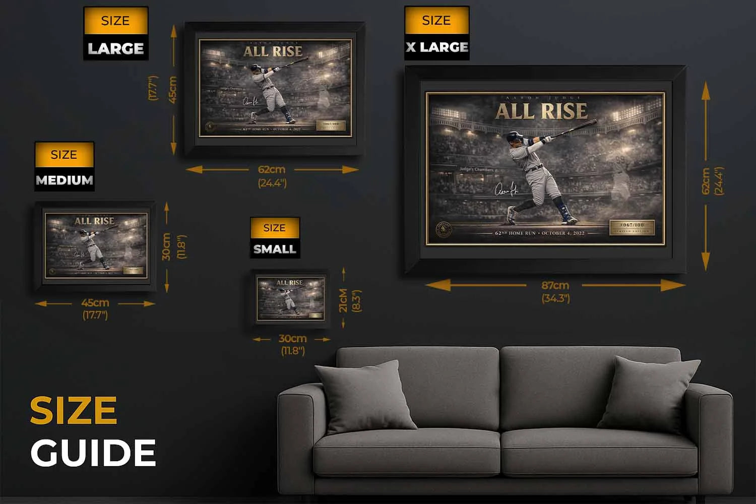 Aaron Judge “All Rise” size guide showing multiple frame dimensions and layout options, ideal for choosing sports art prints size