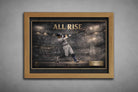Aaron Judge “All Rise” baseball artwork in natural oak frame capturing historic 62nd home run, elegant sports wall art piece