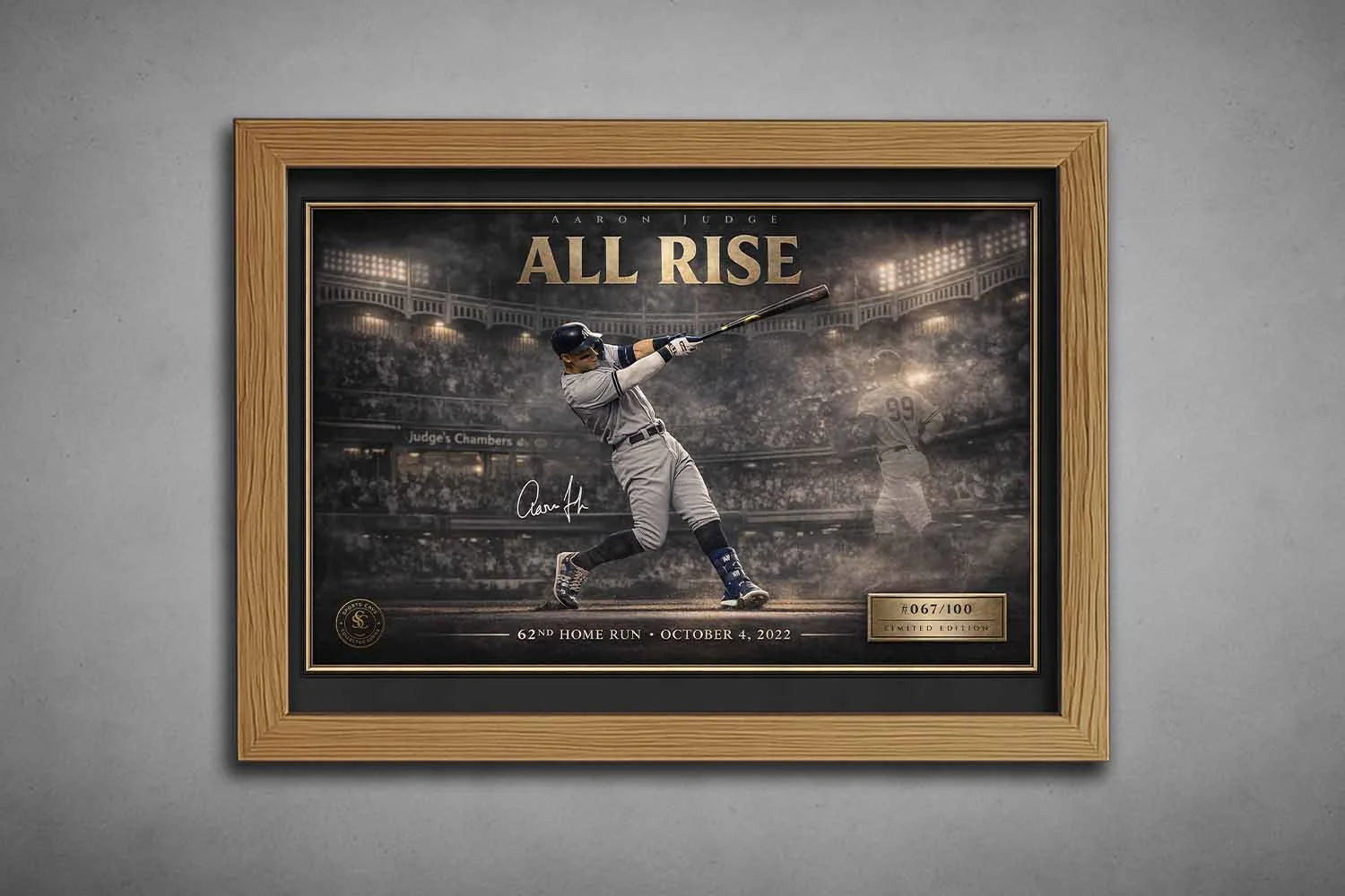 Aaron Judge “All Rise” baseball artwork in natural oak frame capturing historic 62nd home run, elegant sports wall art piece