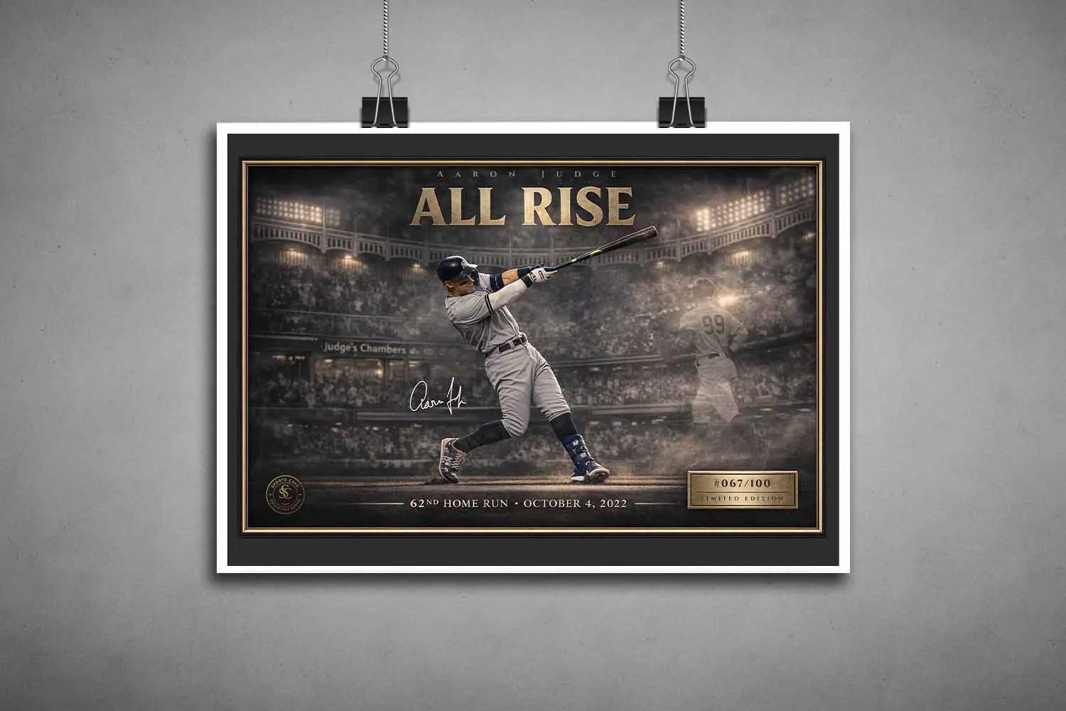 Aaron Judge “All Rise” 62nd home run artwork shown unframed with dramatic stadium backdrop, premium sports collectibles piece