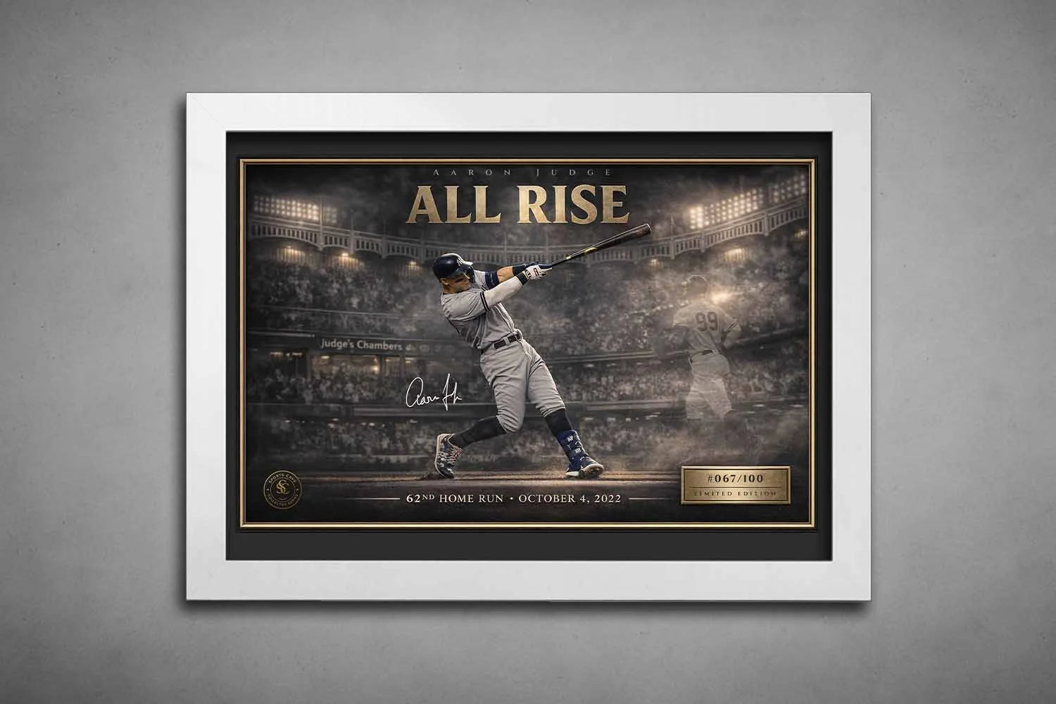 Aaron Judge “All Rise” print in clean white frame featuring iconic Yankees moment, refined framed sports memorabilia display