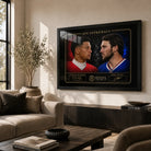 AFC Supremacy Patrick Mahomes vs Josh Allen wall art displayed in a modern living room with a black frame.
