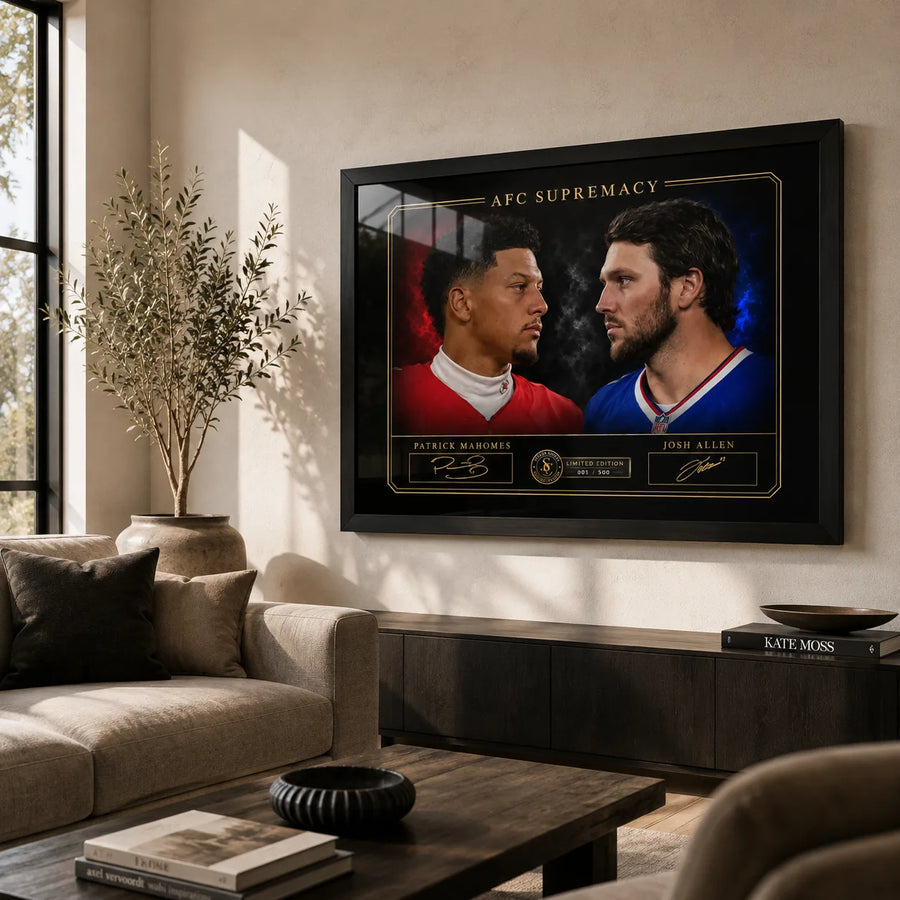 AFC Supremacy Patrick Mahomes vs Josh Allen wall art displayed in a modern living room with a black frame.
