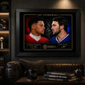 Black framed AFC Supremacy Mahomes vs Allen NFL wall art displayed in a dark sports man cave above leather seating.