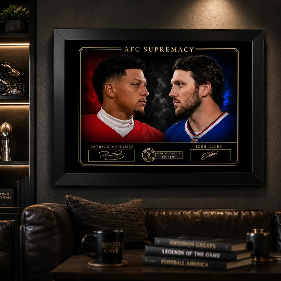 Black framed AFC Supremacy Mahomes vs Allen NFL wall art displayed in a dark sports man cave above leather seating.