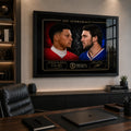 AFC Supremacy Patrick Mahomes vs Josh Allen wall art displayed in a modern office above a dark wood credenza.