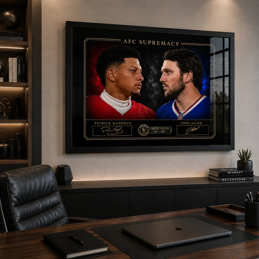 AFC Supremacy Patrick Mahomes vs Josh Allen wall art displayed in a modern office above a dark wood credenza.