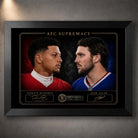 Black framed AFC Supremacy Patrick Mahomes vs Josh Allen NFL wall art with a cinematic head-to-head rivalry portrait.