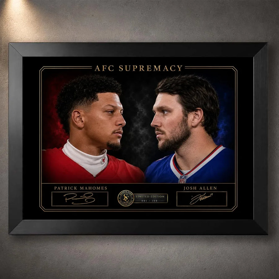 Black framed AFC Supremacy Patrick Mahomes vs Josh Allen NFL wall art with a cinematic head-to-head rivalry portrait.