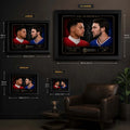 AFC Supremacy NFL wall art size guide showing framed Small, Medium, Large and X Large dimensions in centimetres and inches.
