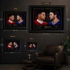 AFC Supremacy NFL wall art size guide showing framed Small, Medium, Large and X Large dimensions in centimetres and inches.