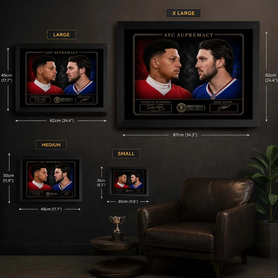 AFC Supremacy NFL wall art size guide showing framed Small, Medium, Large and X Large dimensions in centimetres and inches.