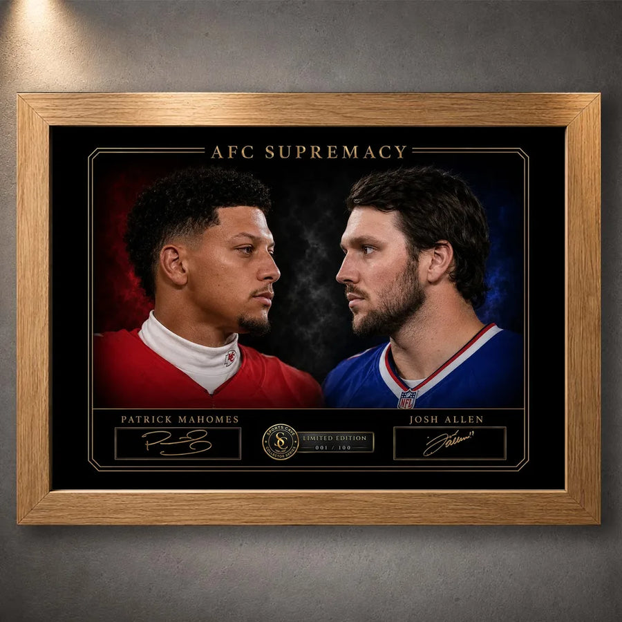 Oak framed AFC Supremacy Patrick Mahomes vs Josh Allen NFL wall art with the rivalry portrait and collector plaque.