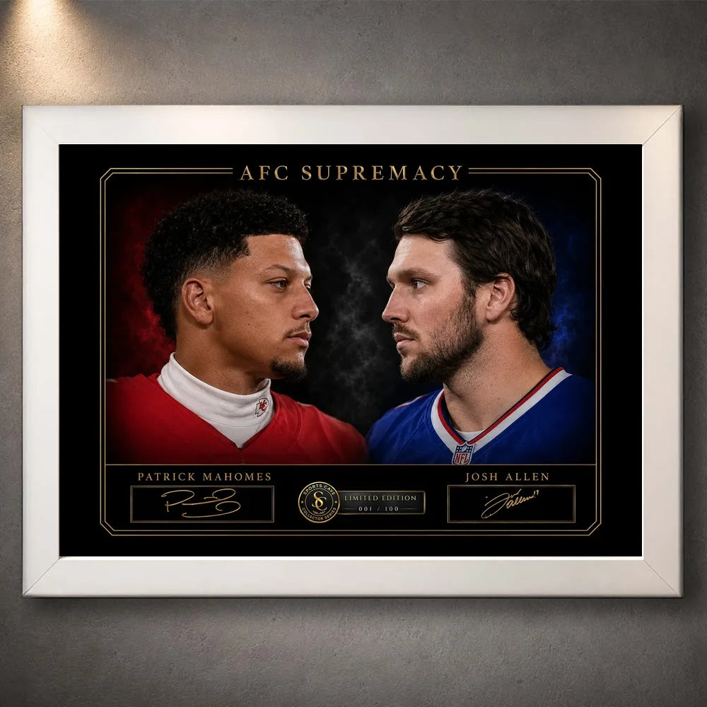 White framed AFC Supremacy Patrick Mahomes vs Josh Allen NFL wall art featuring the head-to-head rivalry design.